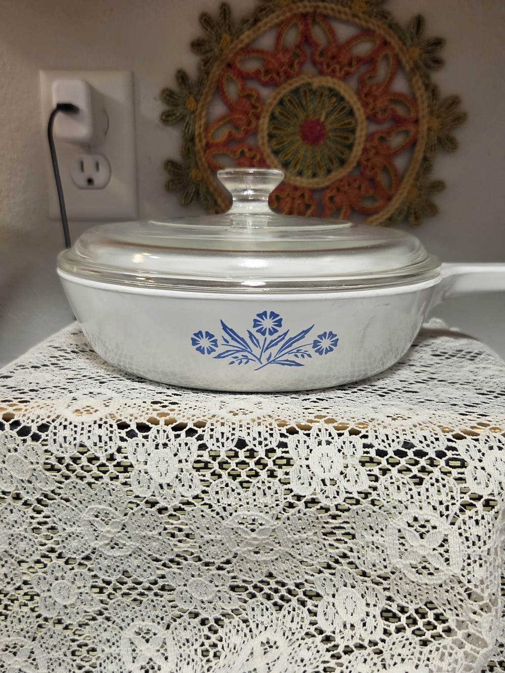 Corningware White Skillet with Blue Floral Pattern and Glass Lid